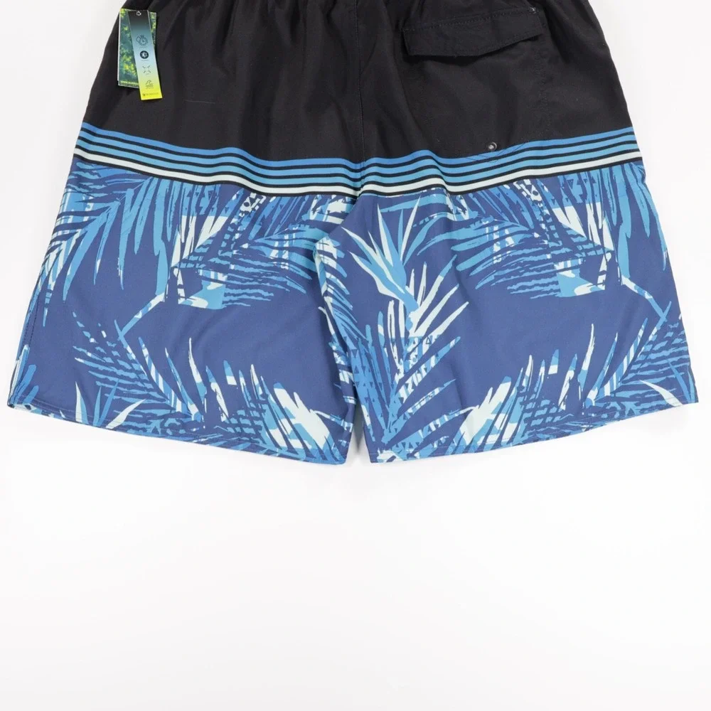 Burnside Mens‎ Pocket Quick Dry Tropical Print Swim Trunks Shorts Black/Blue XL